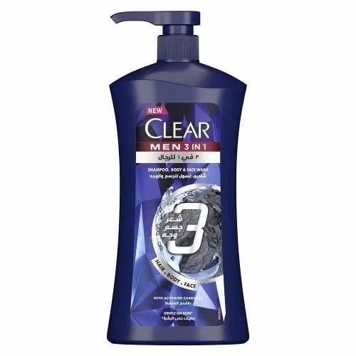 Clear Men 3 in 1 Charcoal 900ml shampoo body and face wash bottle